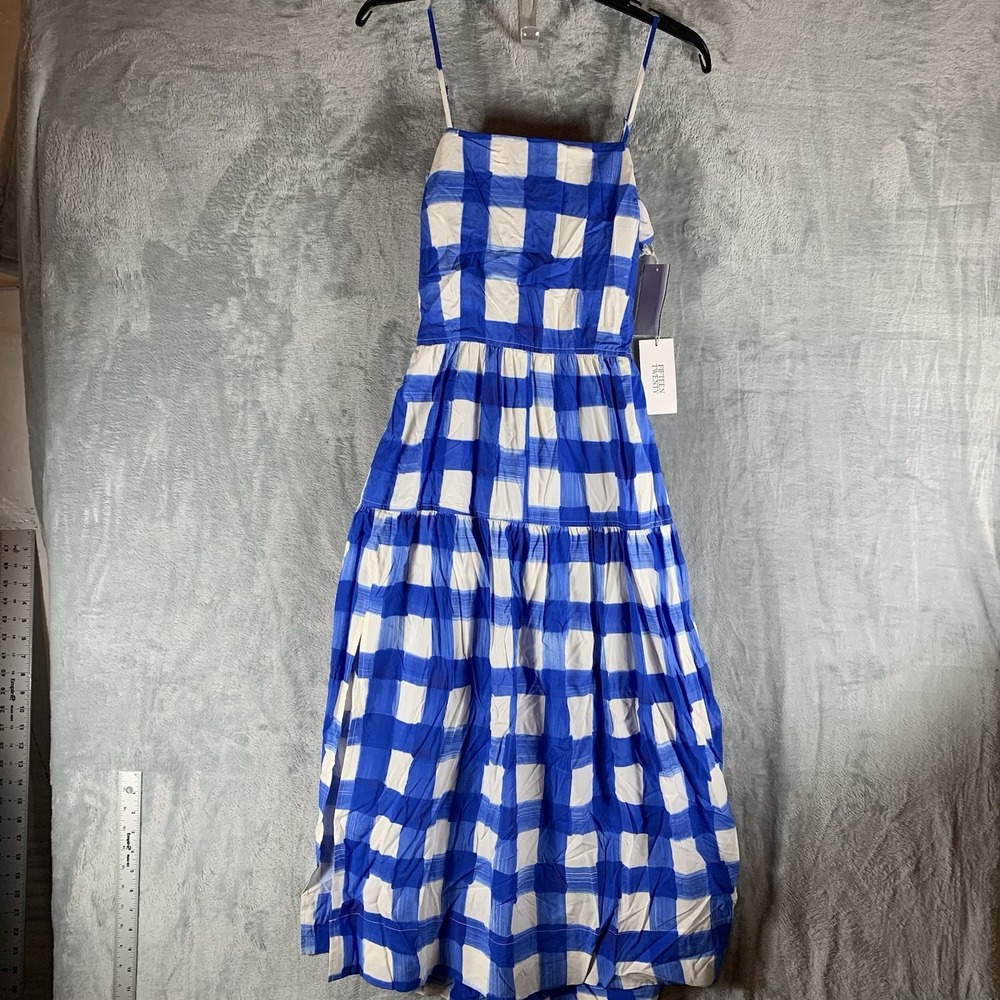 Fifteen Twenty‎ Women's Costa Dress XS Blue Plaid Tiered Open Tie Back Strappy